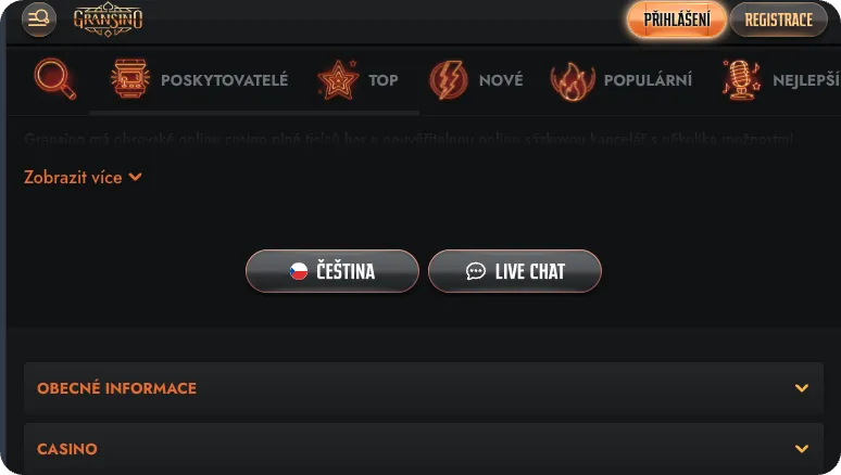 Gransino Live chat podpora 24/7